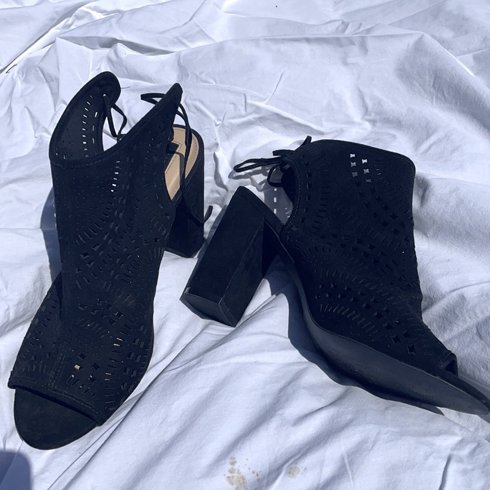 Black lace up cage chunky heels crochet cutout 10